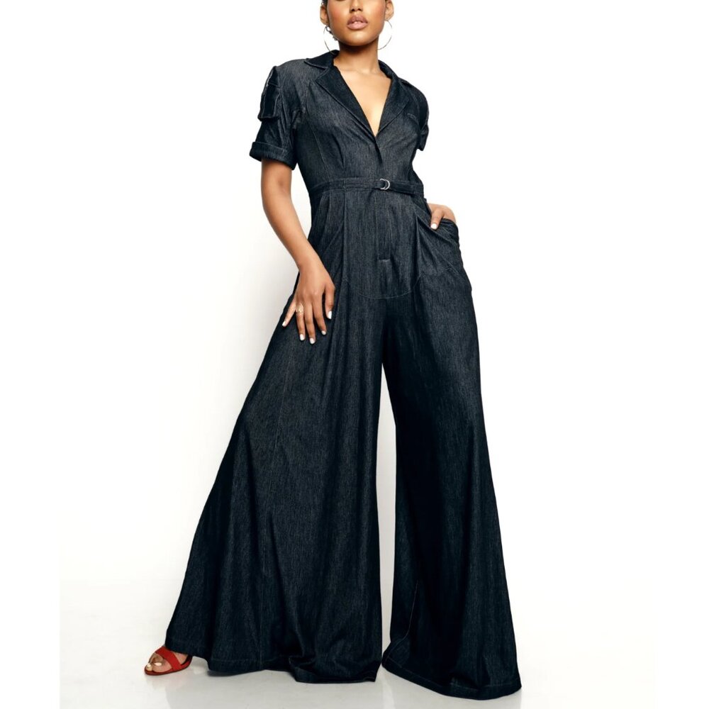 IN EARNEST by Byron Lars Wide-leg Jersey Denim Jumpsuit US Size 4